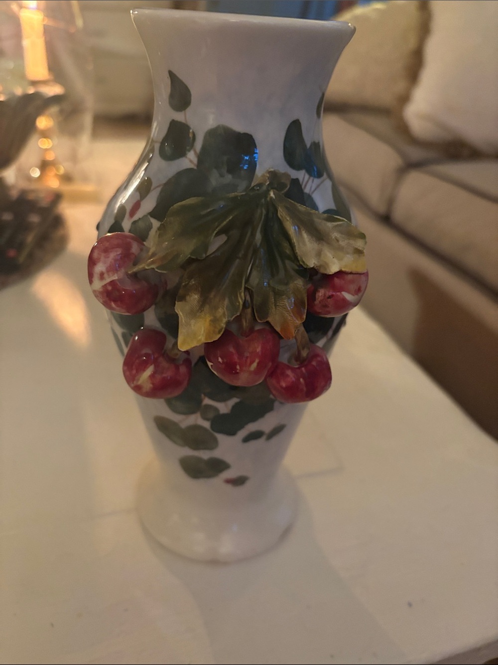 Majorica  Vase with Red Cherry Appliqué and Green Leaves